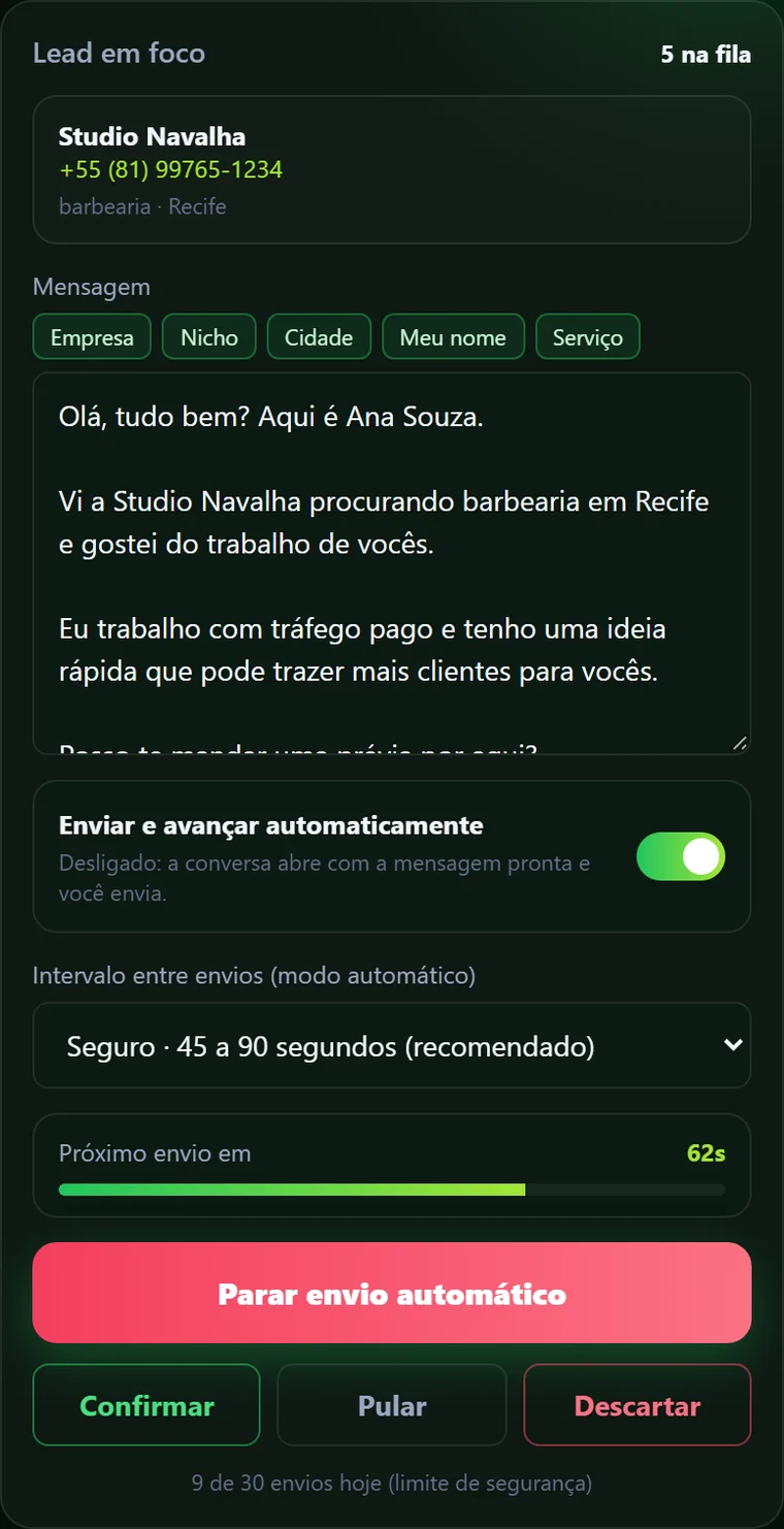 Contato em foco com mensagem pronta