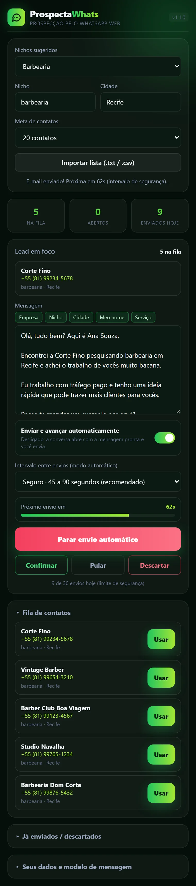 Painel lateral do ProspectaWhats com busca, fila e mensagem